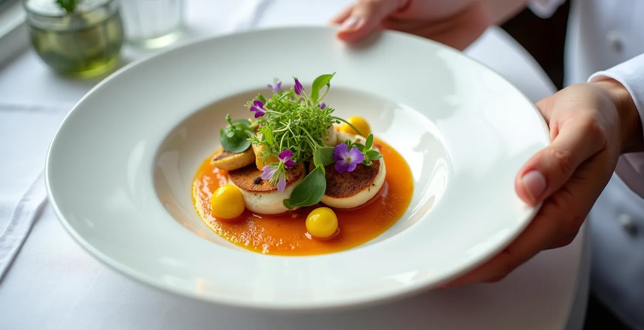 Assiette gastronomique dressée avec élégance sur nappe blanche, main de chef ajoutant une touche finale