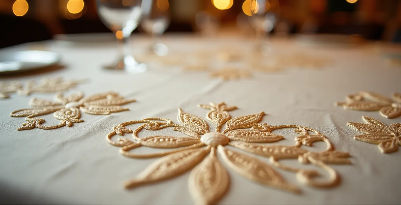 Détail macro d'une nappe en lin avec motifs floraux brodés
