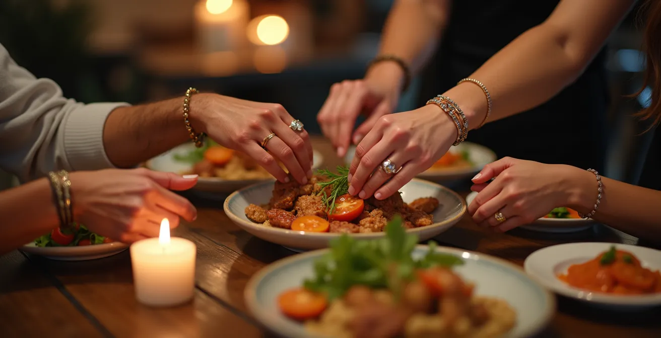 Mains d'invités partageant un plat dans une ambiance chaleureuse