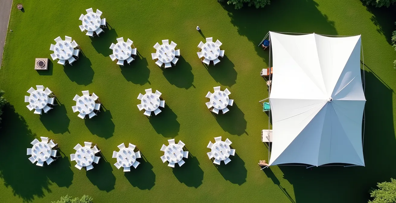 Vue aérienne schématique d'un barnum avec les différentes zones d'aménagement