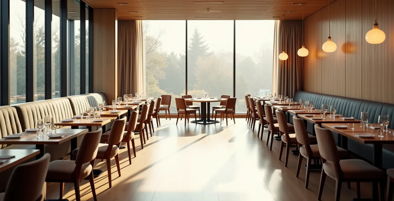 Vue en perspective d'une salle de restaurant élégante avec espaces distincts