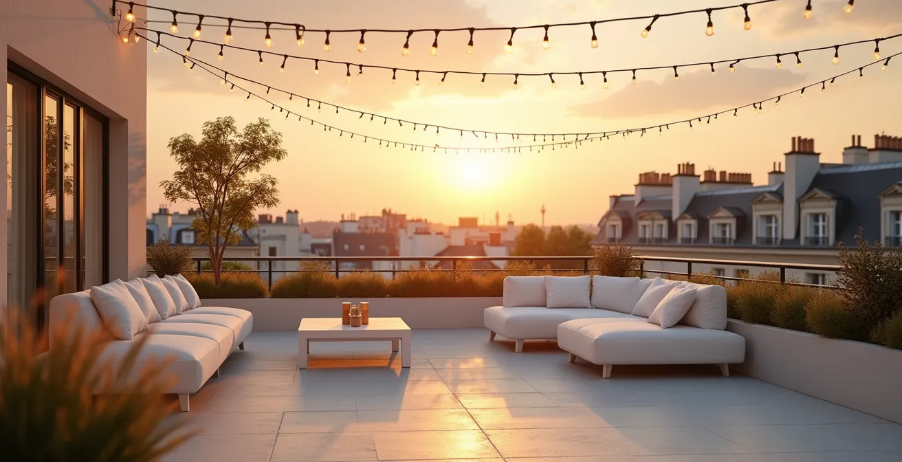 Terrasse de restaurant parisien aménagée pour réception avec guirlandes lumineuses et vue panoramique sur les toits de Paris au coucher du soleil