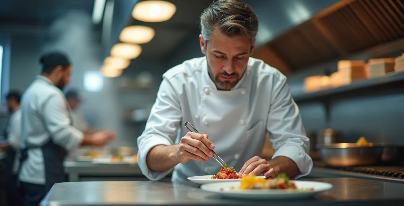 Chef en cuisine pendant le service, geste précis de dressage