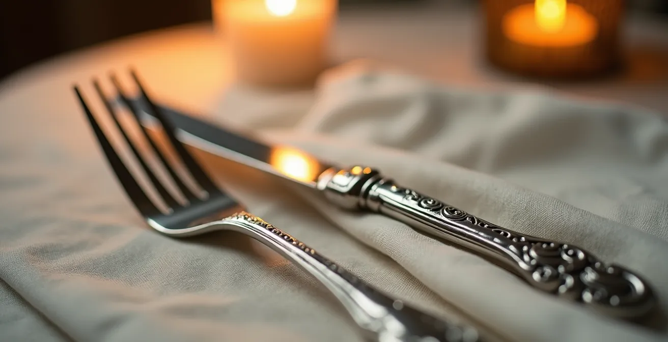Détail macro de couverts en argent sur nappe en lin