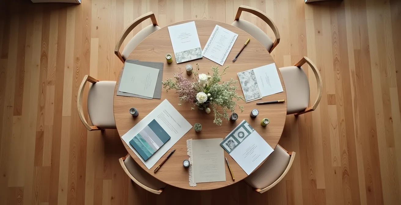 Vue aérienne d'une table de coordination avec plans et échantillons