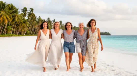 Groupe de quatre femmes marchant bras dessus bras dessous sur une plage de sable blanc à Ibiza